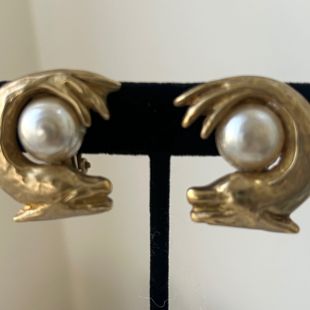 Jaded Jewels NYC Clip Earrings Dragon and Pearl Earrings Gold Tone Signed 1980s